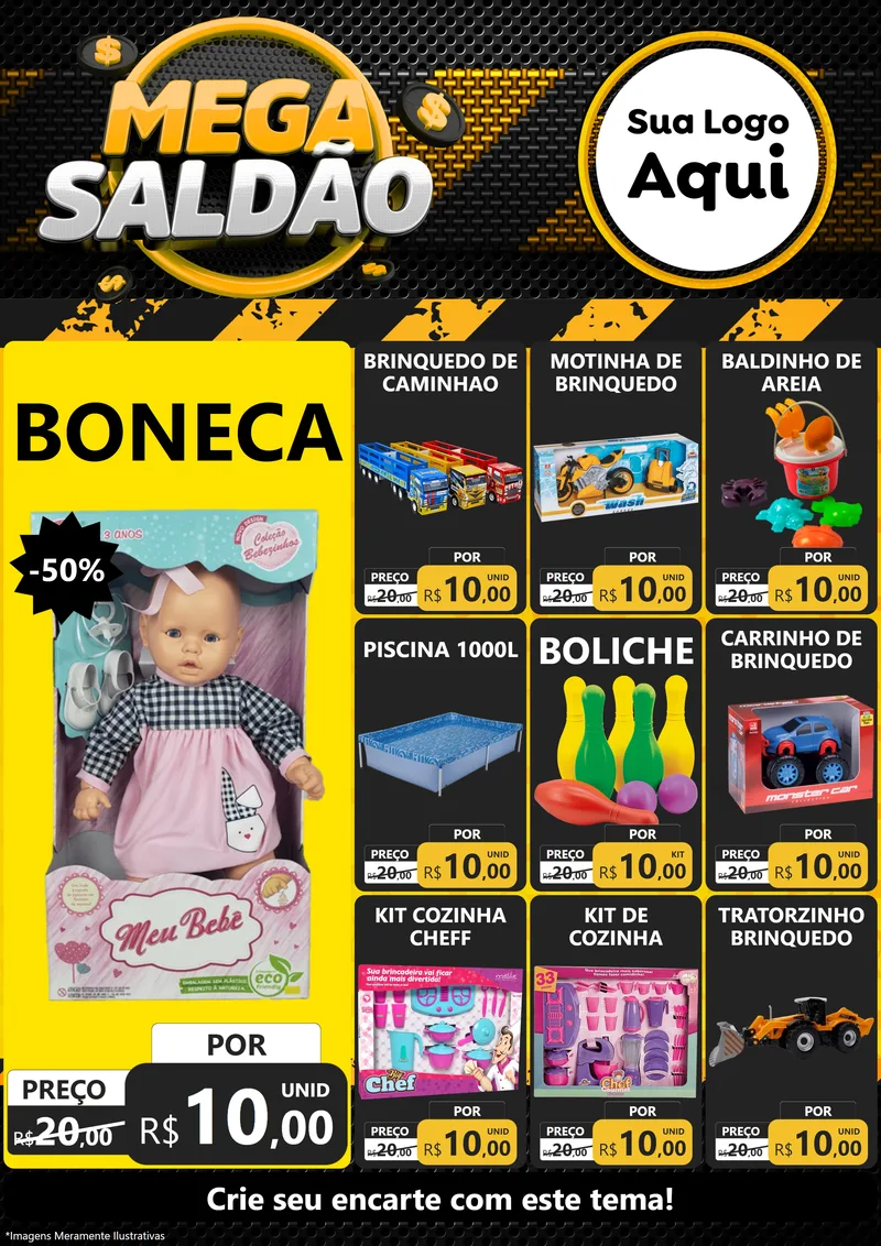 Modelo de Encarte para Encarte A4 Vertical com o tema Mega Saldão para Brinquedos