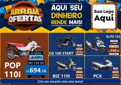 Modelo de Encarte para Encarte A4 Horizontal com o tema Arraiá de Ofertas - Junina para Concessionaria de Motos