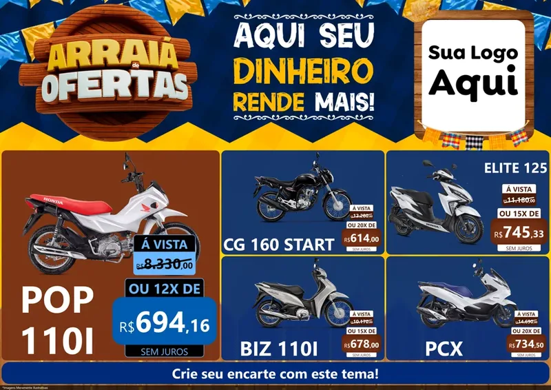 Modelo de Encarte para Encarte A4 Horizontal com o tema Arraiá de Ofertas - Junina para Concessionaria de Motos