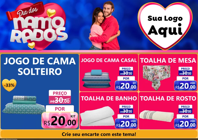 Modelo de Encarte para Encarte A4 Horizontal com o tema Dia dos namorados para Cama, Mesa e Banho