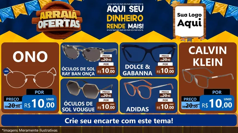 Modelo de TV para TV Horizontal com o tema Arraiá de Ofertas - Junina para Óticas