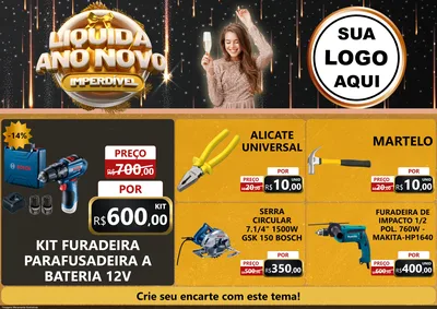 Modelo de Encarte para Encarte A4 Horizontal com o tema Liquida Ano Novo Imperdível para Maquinas e Ferramentas