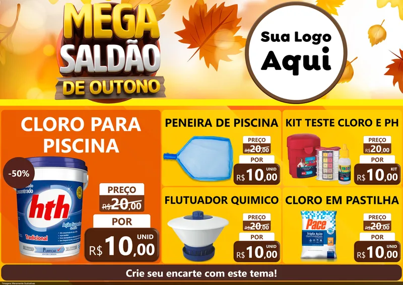 Modelo de Encarte para Encarte A4 Horizontal com o tema Mega Saldão de Outono para Produtos para Piscina
