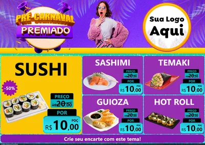 Modelo de Encarte para Encarte A4 Horizontal com o tema Pré-Carnaval Premiado para Comida japonesa