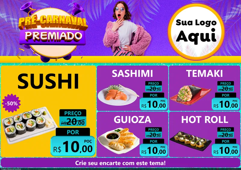 Modelo de Encarte para Encarte A4 Horizontal com o tema Pré-Carnaval Premiado para Comida japonesa
