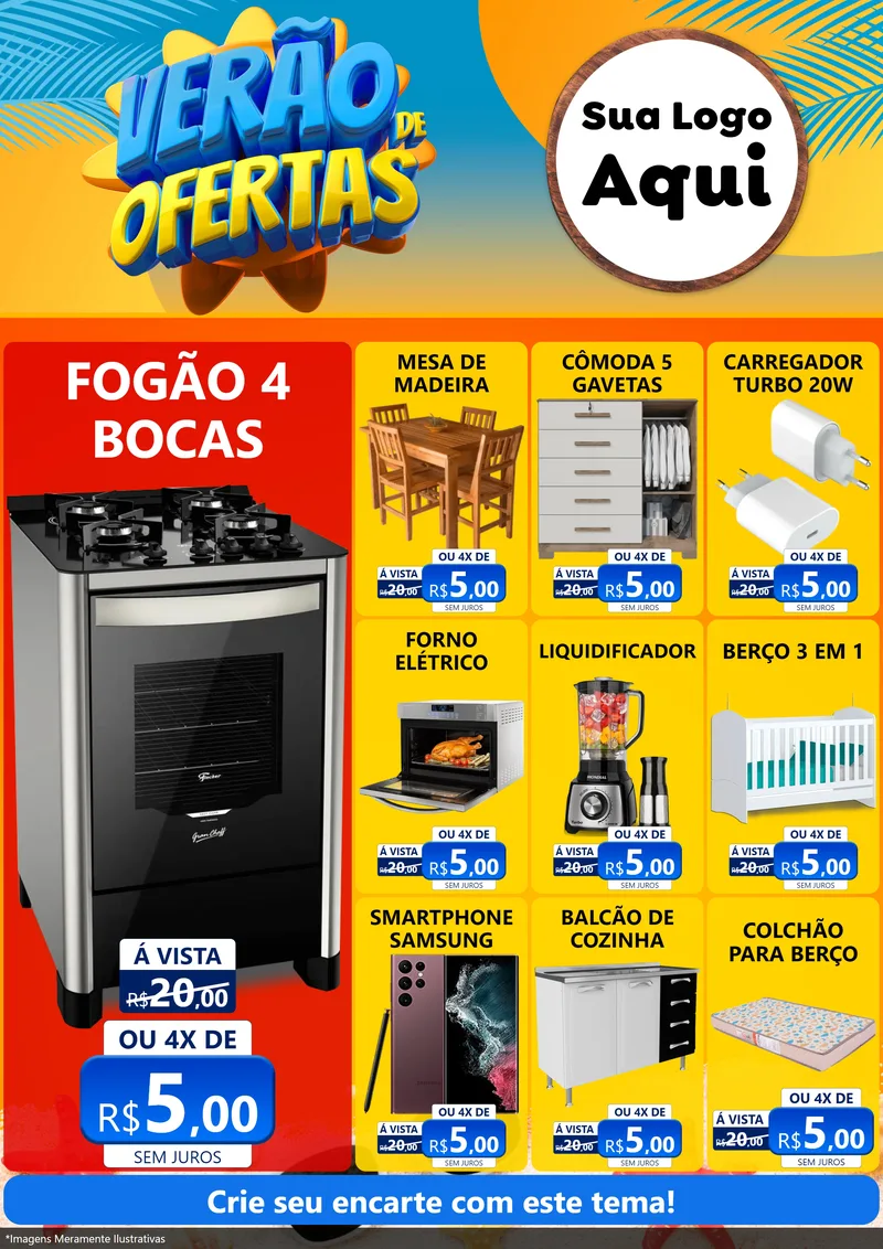 Modelo de Encarte para Encarte A4 Vertical com o tema Verão de Ofertas para Móveis e Eletro