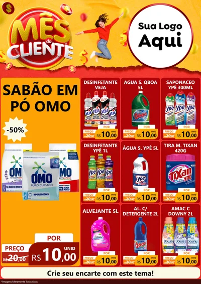 Modelo de Encarte para Encarte A4 Vertical com o tema Mês do Cliente para Produtos de Limpeza