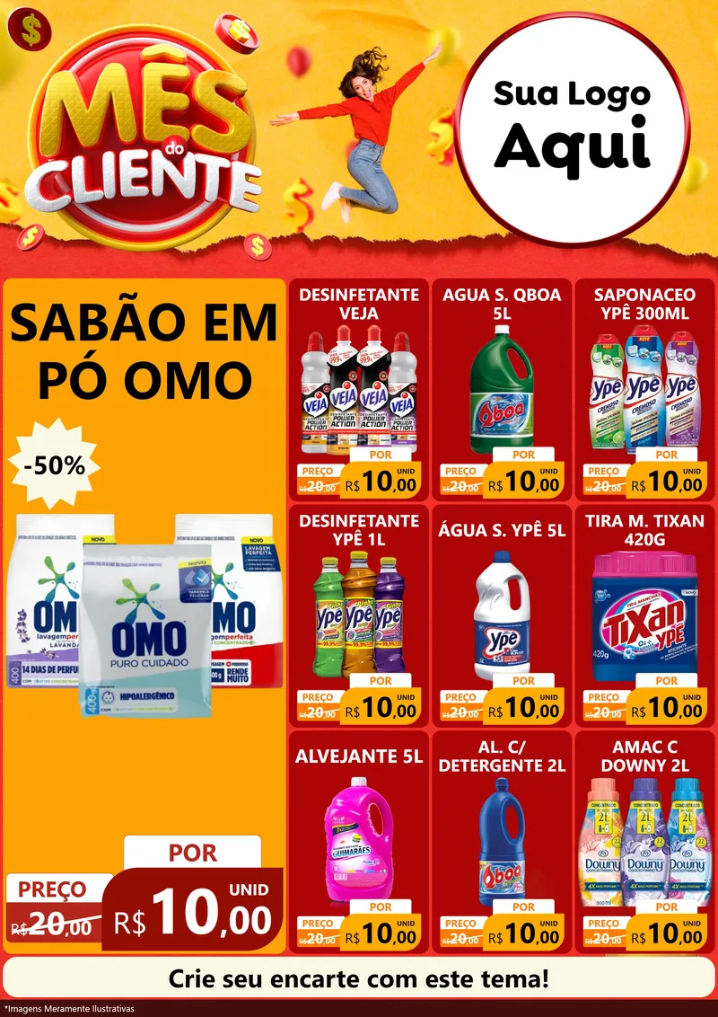 Modelo de Encarte para Encarte A4 Vertical com o tema Mês do Cliente para Produtos de Limpeza