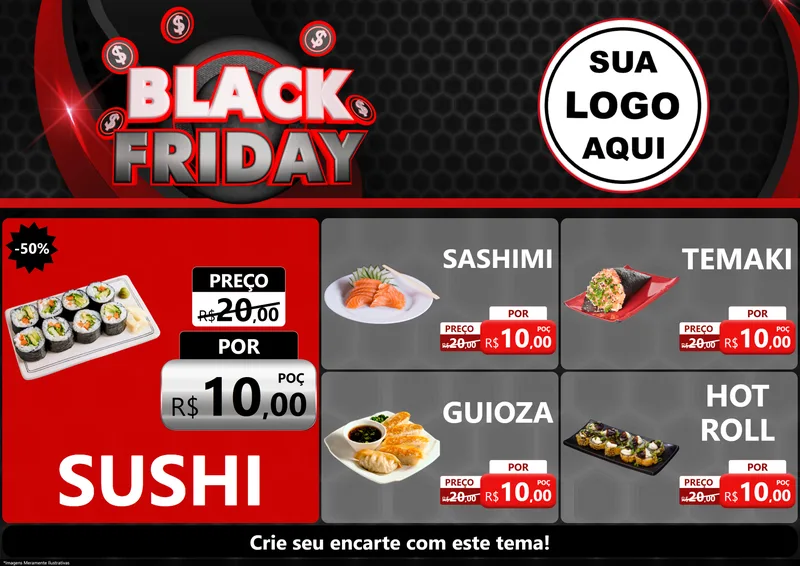 Modelo de Encarte para Encarte A4 Horizontal com o tema Black Friday para Comida japonesa