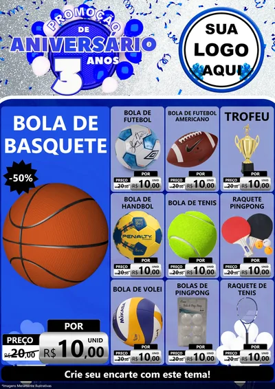 Modelo de Encarte para Encarte A4 Vertical com o tema Promoção de Aniversário - 3 Anos para Artigos Esportivos