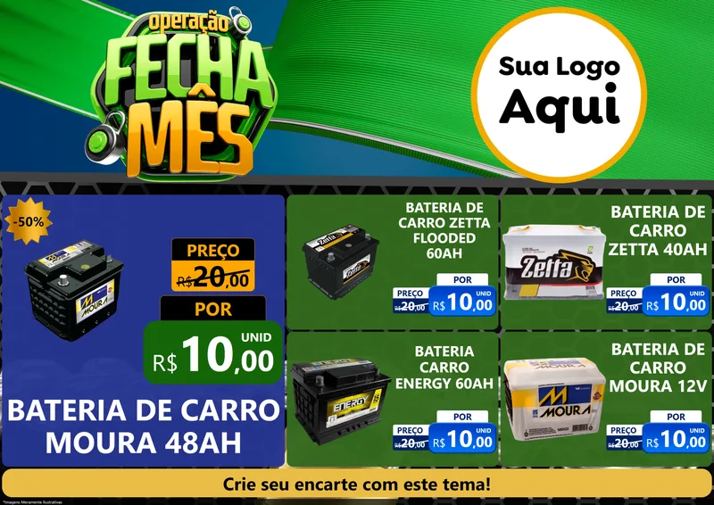 Modelo de Encarte para Encarte A4 Horizontal com o tema Operação Fecha Mês para Baterias Elétricas