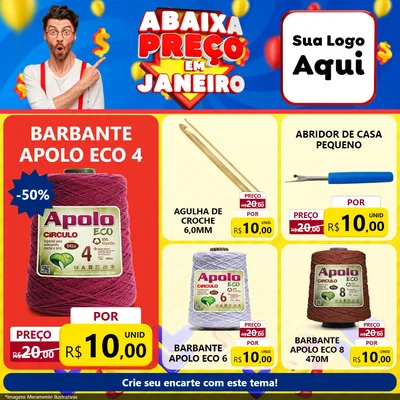 Modelo de Rede Social para Feed Facebook com o tema Abaixa Preço em Janeiro para Armarinho e Aviamentos