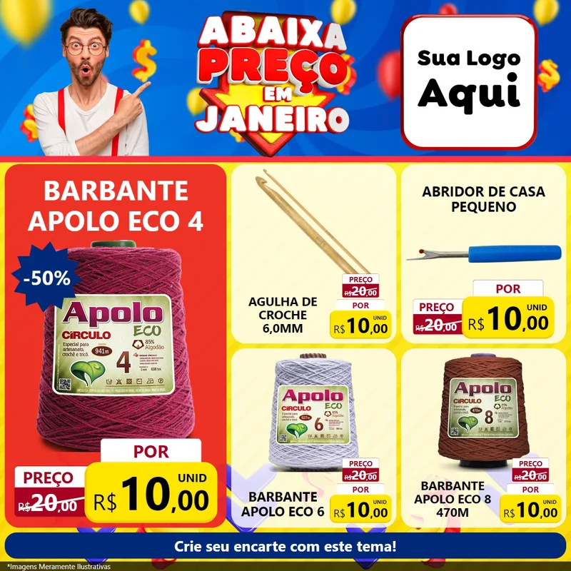 Modelo de Rede Social para Feed Facebook com o tema Abaixa Preço em Janeiro para Armarinho e Aviamentos
