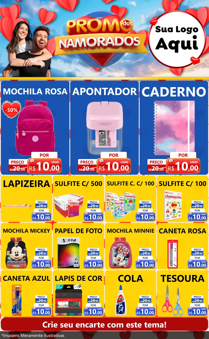 Modelo de Encarte para Encarte Grande com o tema Promo dos Namorados para Papelaria