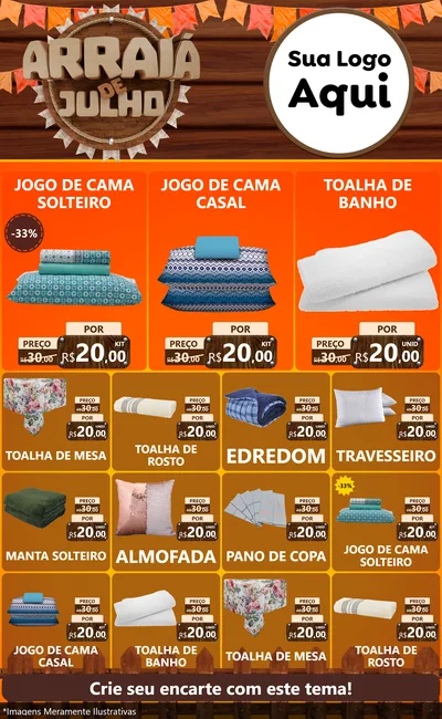 Modelo de Encarte para Encarte Grande com o tema Arraiá de Julho - Junina para Cama, Mesa e Banho