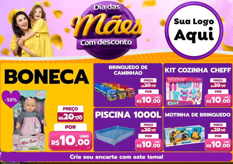 Modelo de Encarte para Encarte A4 Horizontal com o tema Dia das Mães com Desconto para Brinquedos