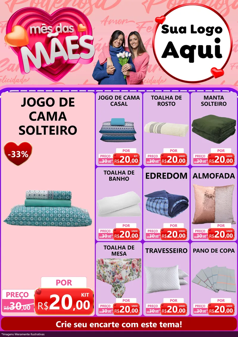 Modelo de Encarte para Encarte A4 Vertical com o tema Mês Das Mães para Cama, Mesa e Banho