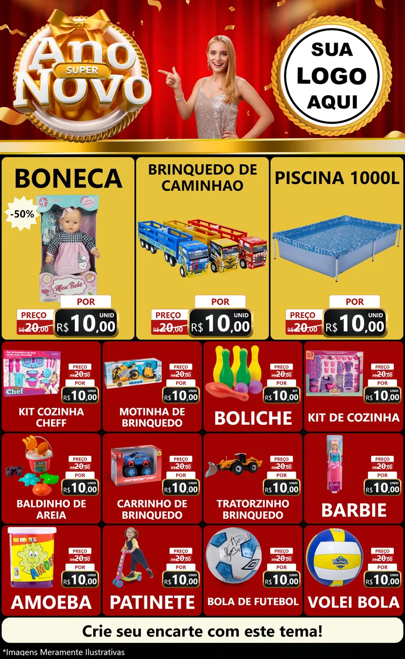 Modelo de Encarte para Encarte Grande com o tema Super Ano Novo para Brinquedos