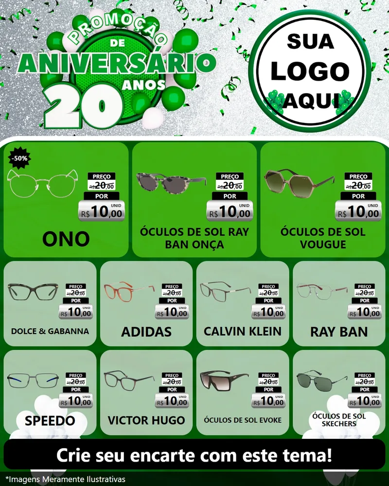 Modelo de Rede Social para Feed Instagram com o tema Promoção de Aniversário - 20 Anos para Óticas