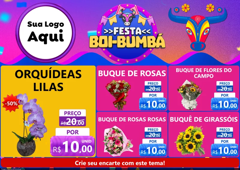 Modelo de Encarte para Encarte A4 Horizontal com o tema Festa Boi-Bumbá para Floricultura e jardim