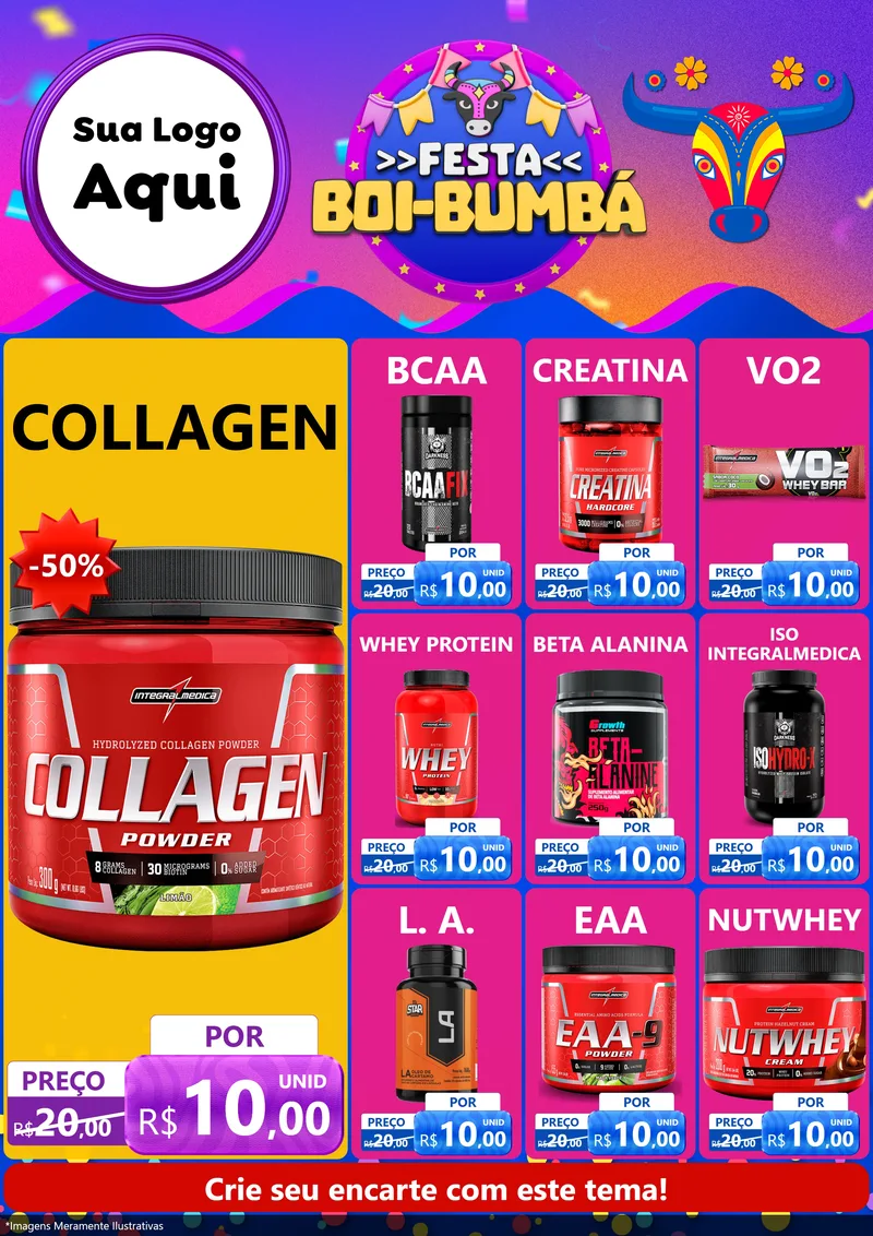 Modelo de Encarte para Encarte A4 Vertical com o tema Festa Boi-Bumbá para Suplementos alimentares