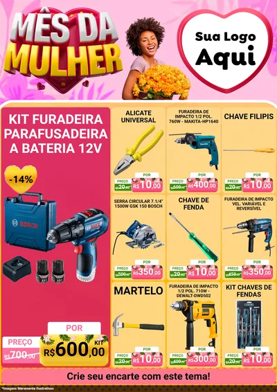 Modelo de Encarte para Encarte A4 Vertical com o tema Mês da Mulher para Maquinas e Ferramentas