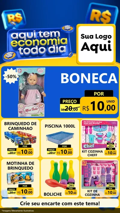 Modelo de Rede Social para Stories com o tema Aqui Tem Economia Todo Dia para Brinquedos