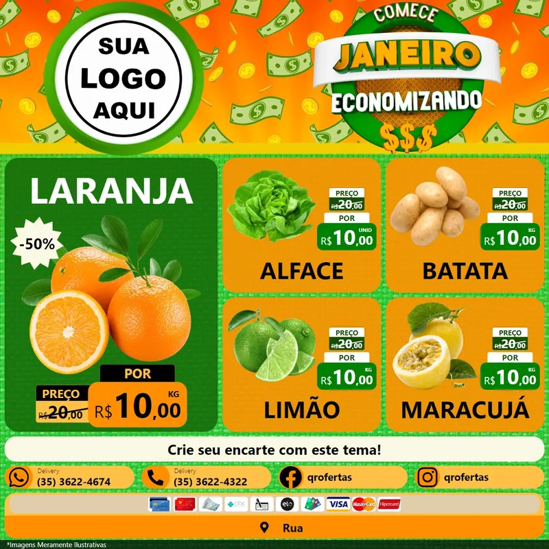 Modelo de Rede Social para Feed Facebook com o tema Comece Janeiro Economizando para Hortifrúti