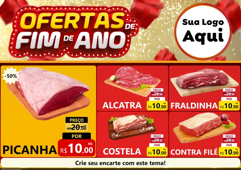 Modelo de Encarte para Encarte A4 Horizontal com o tema Ofertas de Fim de Ano para Açougue