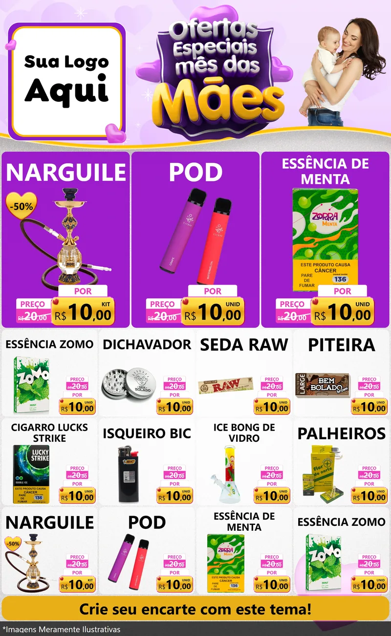 Modelo de Encarte para Encarte Grande com o tema Ofertas Especiais - Mês das Mães para Tabacaria