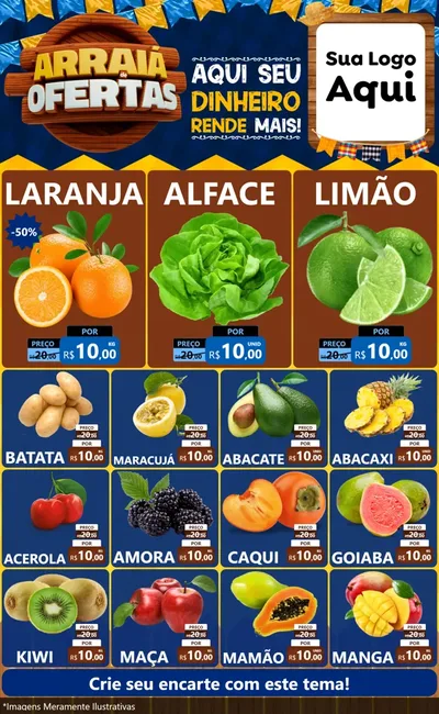 Modelo de Encarte para Encarte Grande com o tema Arraiá de Ofertas - Junina para Hortifrúti