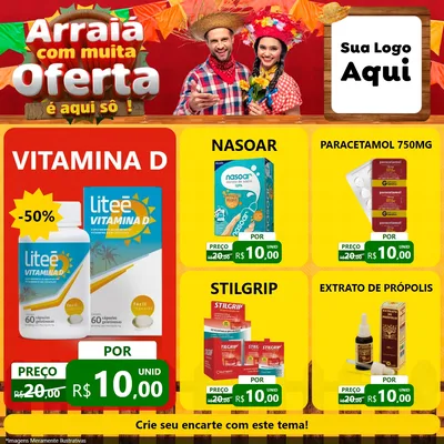 Modelo de Rede Social para Feed Facebook com o tema Arraiá Com Muita Oferta - É Aqui Sô! para Farmácia