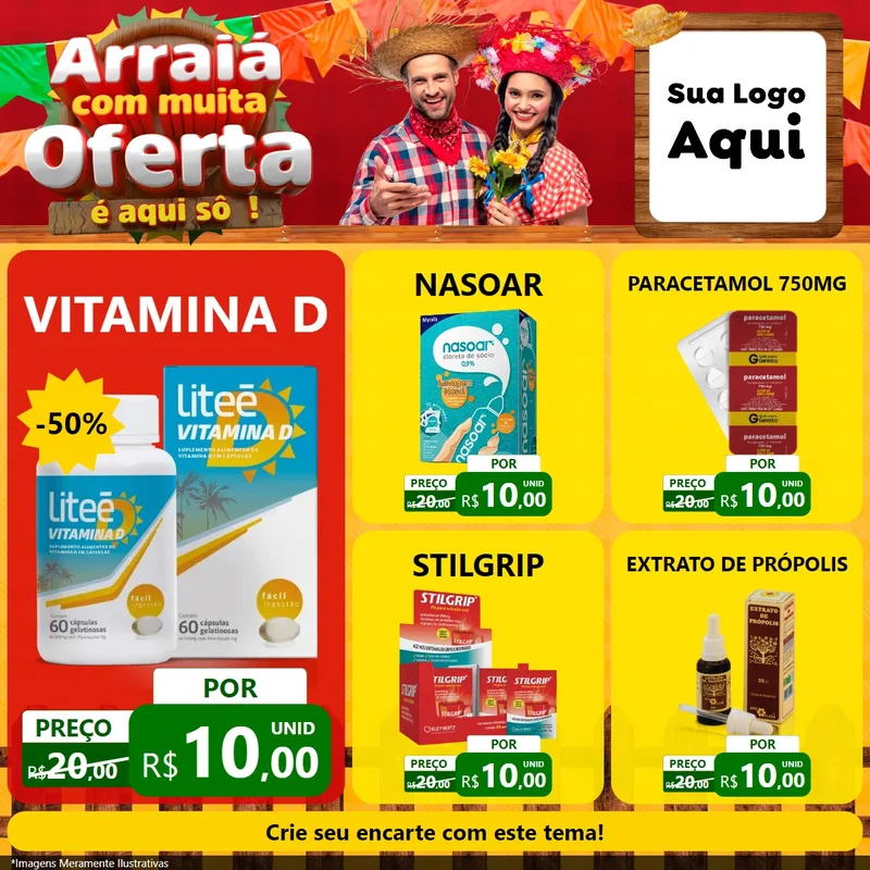 Modelo de Rede Social para Feed Facebook com o tema Arraiá Com Muita Oferta - É Aqui Sô! para Farmácia