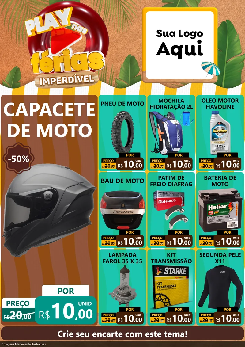 Modelo de Encarte para Encarte A4 Vertical com o tema Play Nas Férias Imperdível para Moto peças