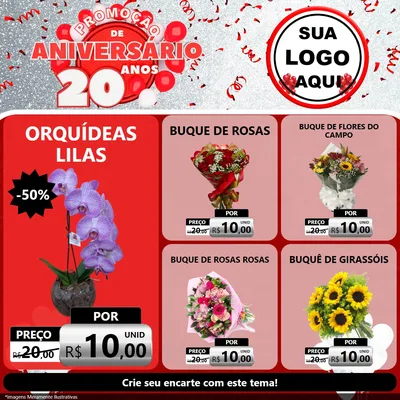 Modelo de Rede Social para Feed Facebook com o tema Promoção de Aniversário - 20 Anos para Floricultura e jardim