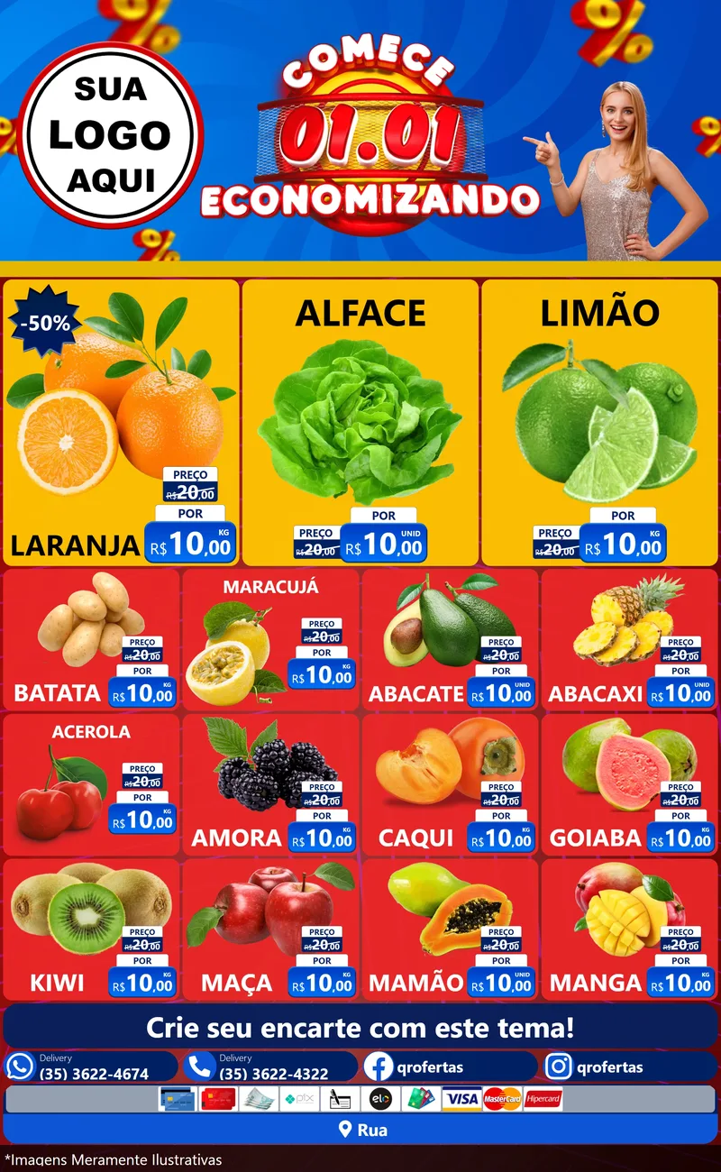 Modelo de Encarte para Encarte Grande com o tema Comece 1º de Janeiro Economizando para Hortifrúti