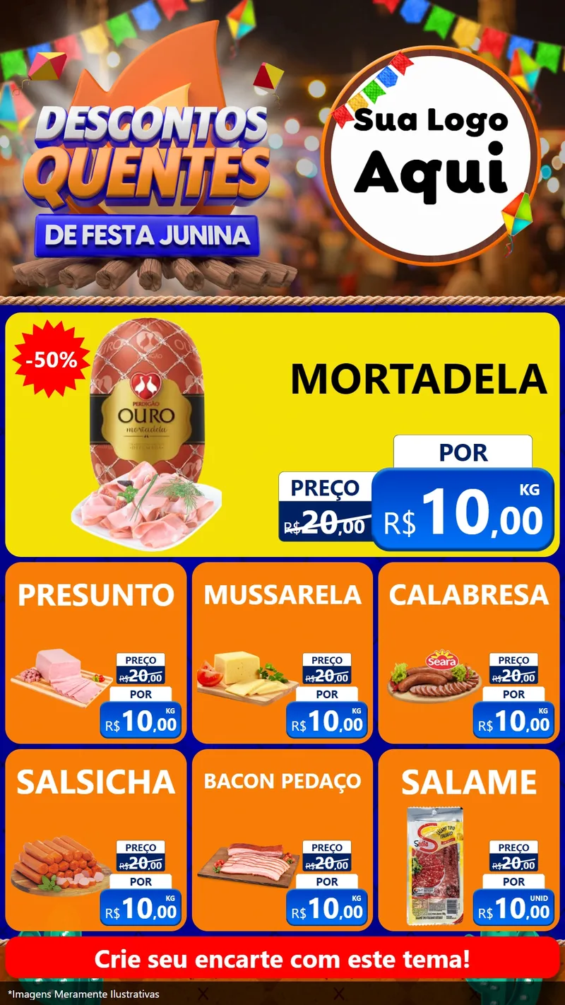 Modelo de Rede Social para Stories com o tema Descontos Quentes de Festa Junina para Frios e Laticínios