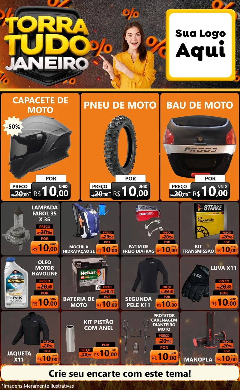 Modelo de Encarte para Encarte Grande com o tema Torra Tudo Janeiro para Moto peças
