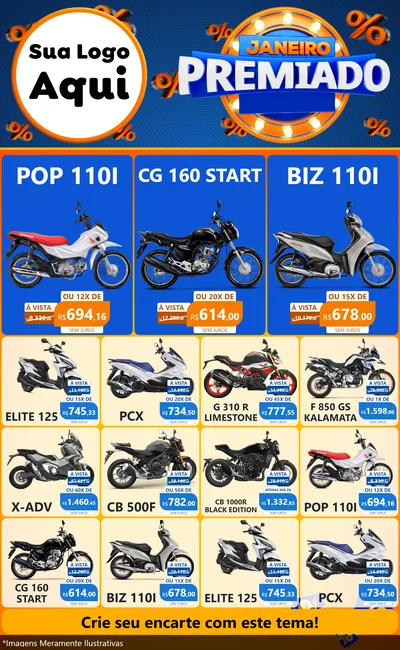 Modelo de Encarte para Encarte Grande com o tema Janeiro Premiado para Concessionaria de Motos