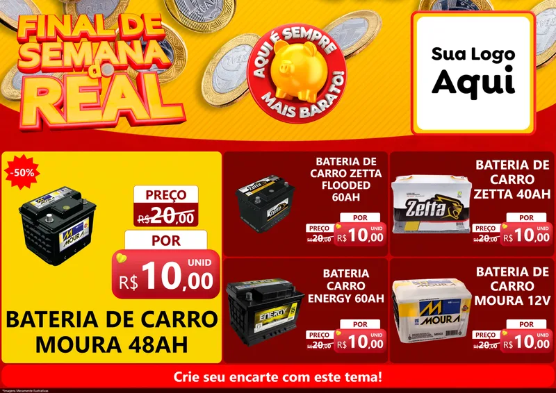 Modelo de Encarte para Encarte A4 Horizontal com o tema Final de Semana do Real para Baterias Elétricas