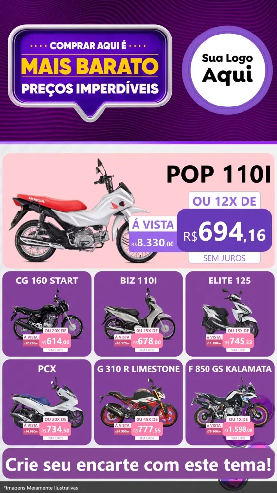 Modelo de Rede Social para Stories com o tema Mais Barato para Concessionaria de Motos