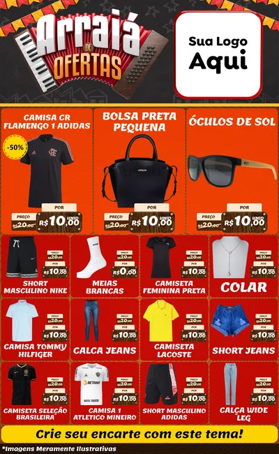 Modelo de Encarte para Encarte Grande com o tema Arraiá de Ofertas - Junina para Roupas e acessórios