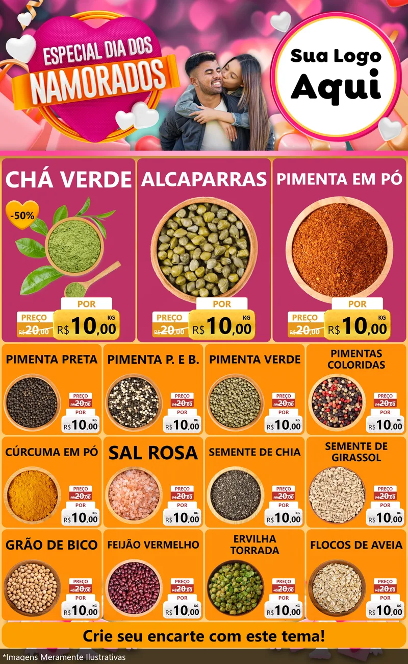 Modelo de Encarte para Encarte Grande com o tema Especial Dia dos Namorados para Produtos Naturais