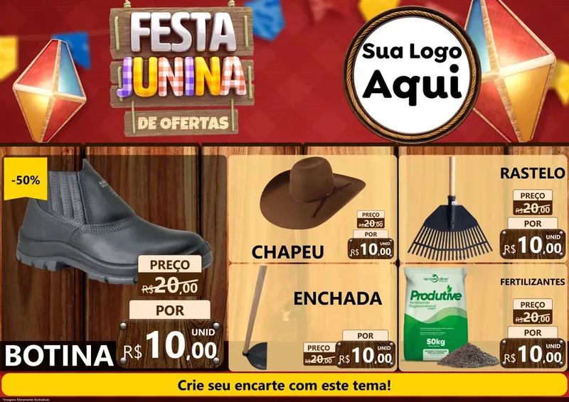 Modelo de Encarte para Encarte A4 Horizontal com o tema Festa Junina de Ofertas para Agropecuária