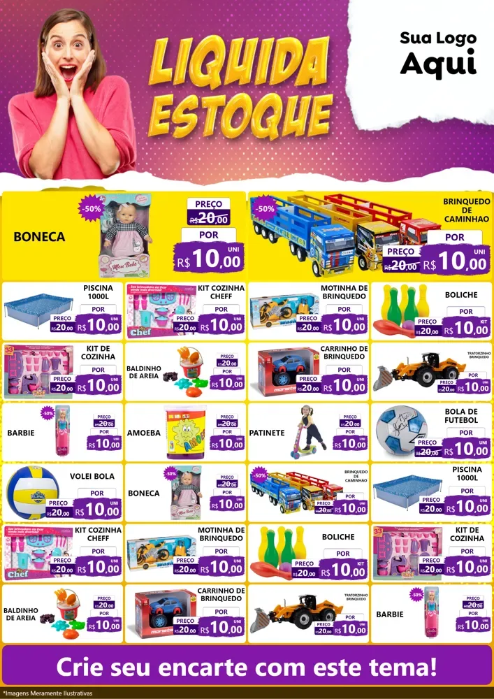 Modelo de Encarte para Encarte A4 Vertical com o tema Liquida estoque para Brinquedos