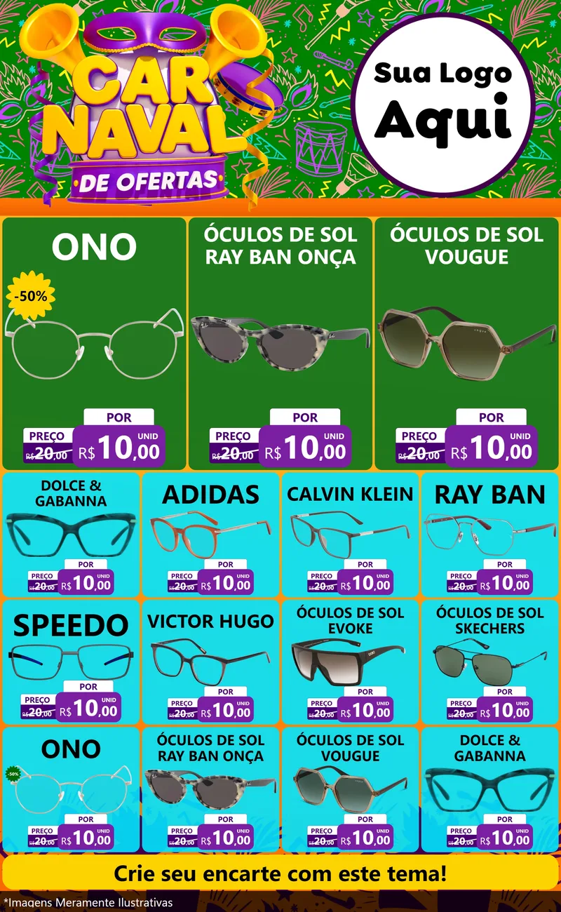 Modelo de Encarte para Encarte Grande com o tema Carnaval de Ofertas para Óticas