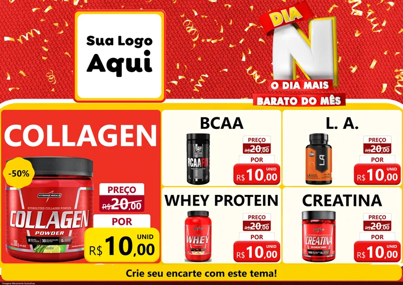 Modelo de Encarte para Encarte A4 Horizontal com o tema Dia N o Dia Mais Barato do Mês para Suplementos alimentares