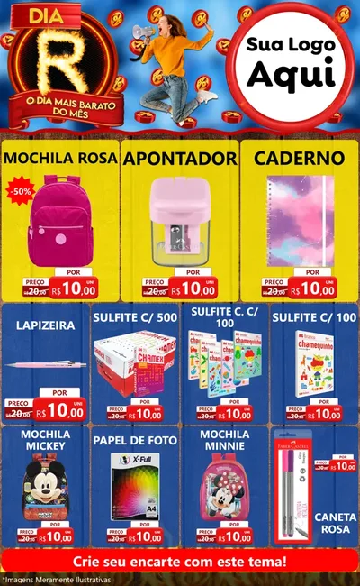 Modelo de Encarte para Encarte Grande com o tema Dia R - O Dia Mais Barato Do Mês para Papelaria