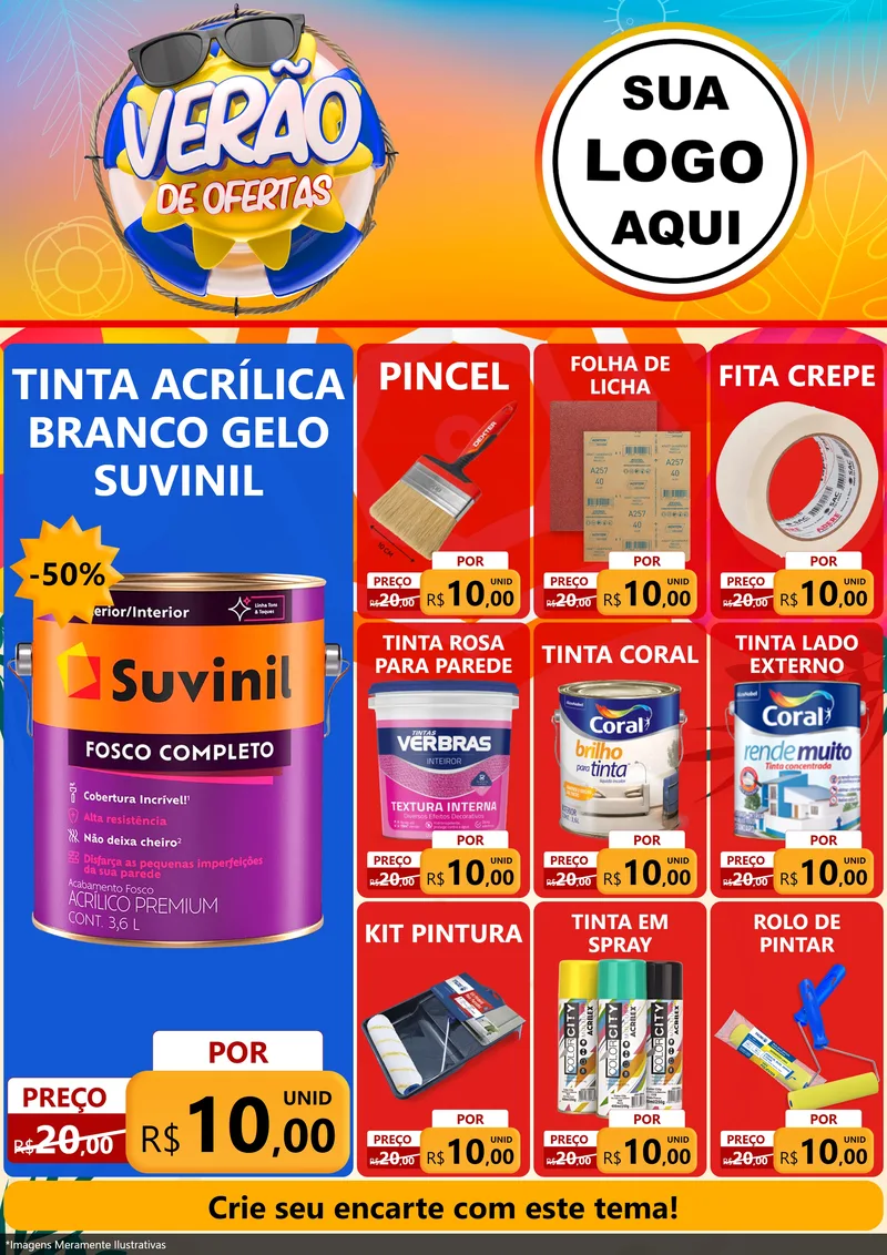 Modelo de Encarte para Encarte A4 Vertical com o tema Verão de Ofertas para Tintas e Ferramentas
