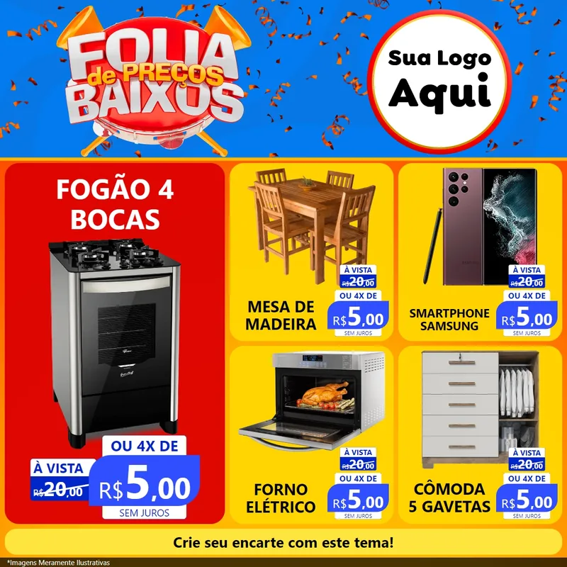Modelo de Rede Social para Feed Facebook com o tema Folia de Preços Baixos para Móveis e Eletro